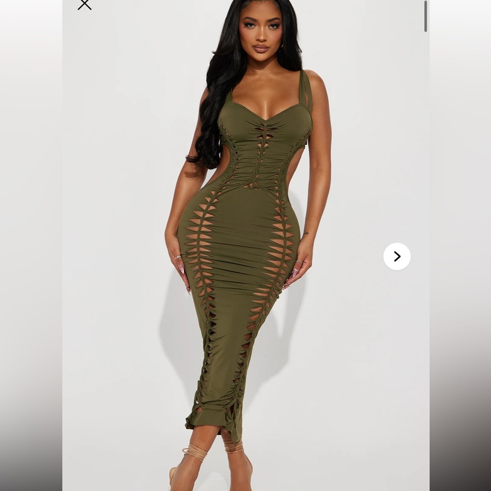 Fashion Nova Olive Lace-Up Midi Dress